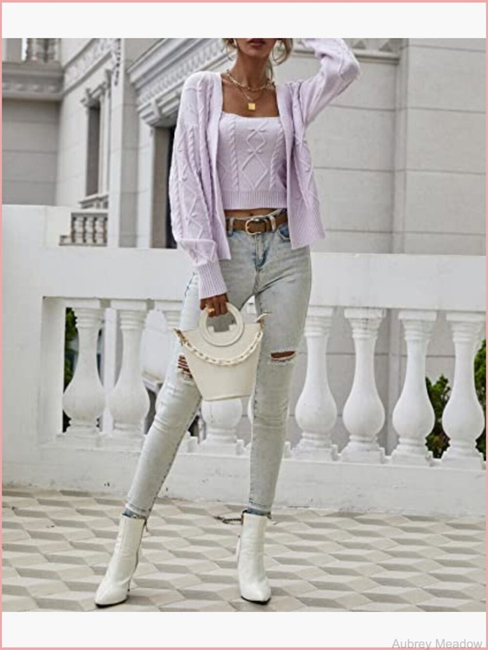 Women's 2-Piece Cropped Tank & Cardigan Sweater Set Cable Knit - Picture 6 of 6